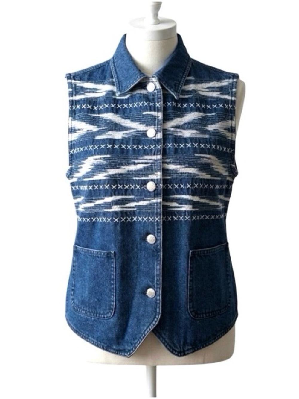 Vintage 90s Susan Bristol Denim Button-Up Vest Medium Ikat Embroidered Top